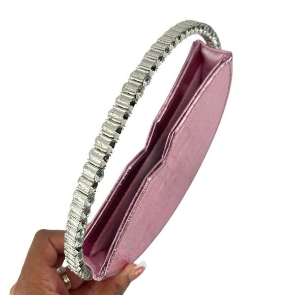 Akira Label Metallic Pink Mini Glam Bag Croc Embossed Rhinestone Handle - Picture 8 of 16